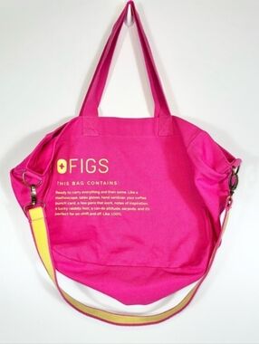 Figs Hot Pink Canvas Tote with Yellow Accent Strap NOTE stains & wear